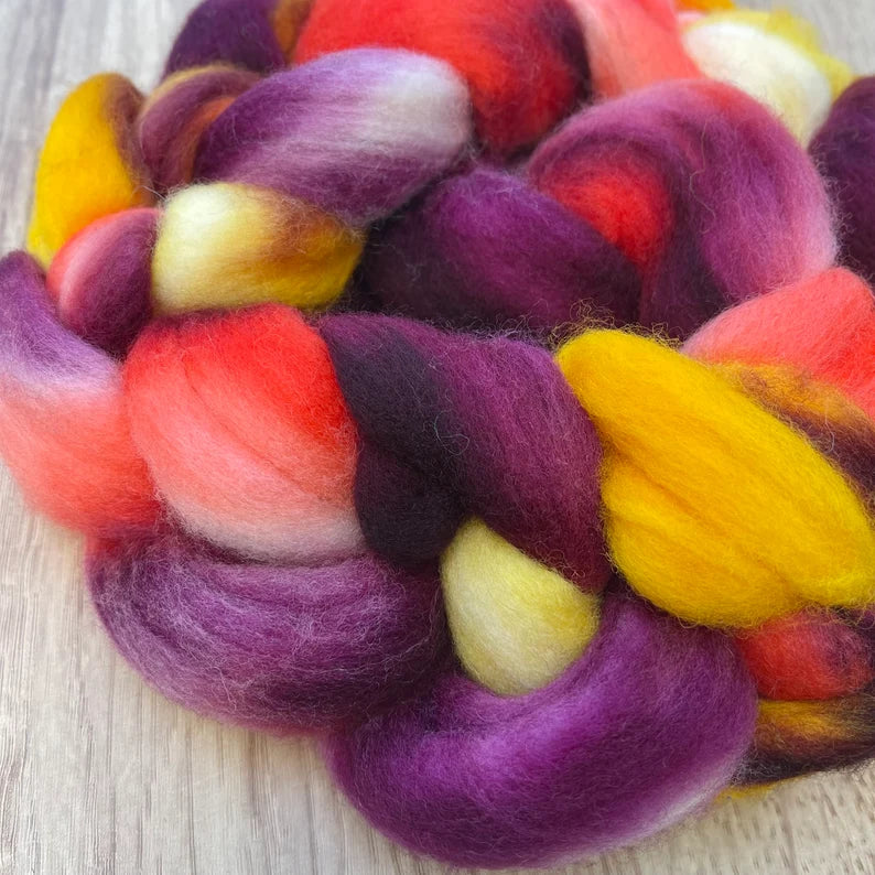 Crimson Sunrise, Hand Painted Polwarth Wool Spinning Fibre, 100g