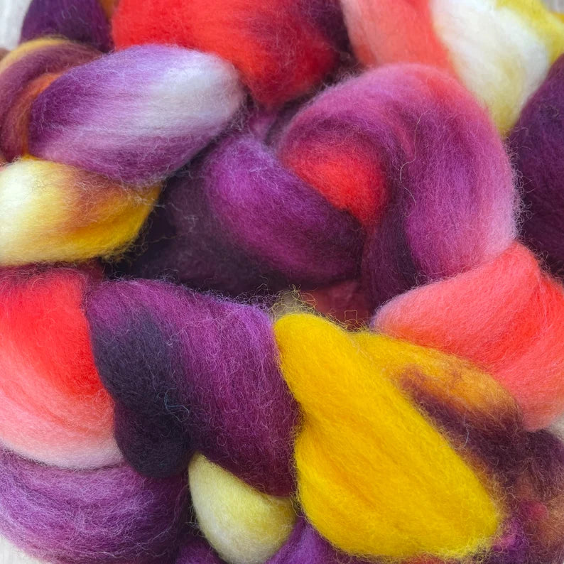 Crimson Sunrise, Hand Painted Polwarth Wool Spinning Fibre, 100g