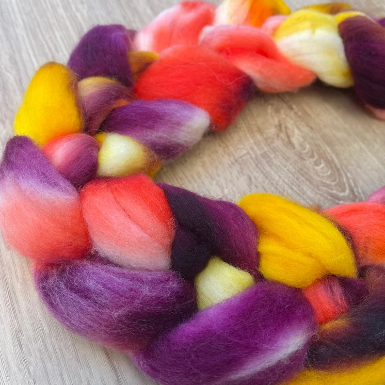 Crimson Sunrise, Hand Painted Polwarth Wool Spinning Fibre, 100g
