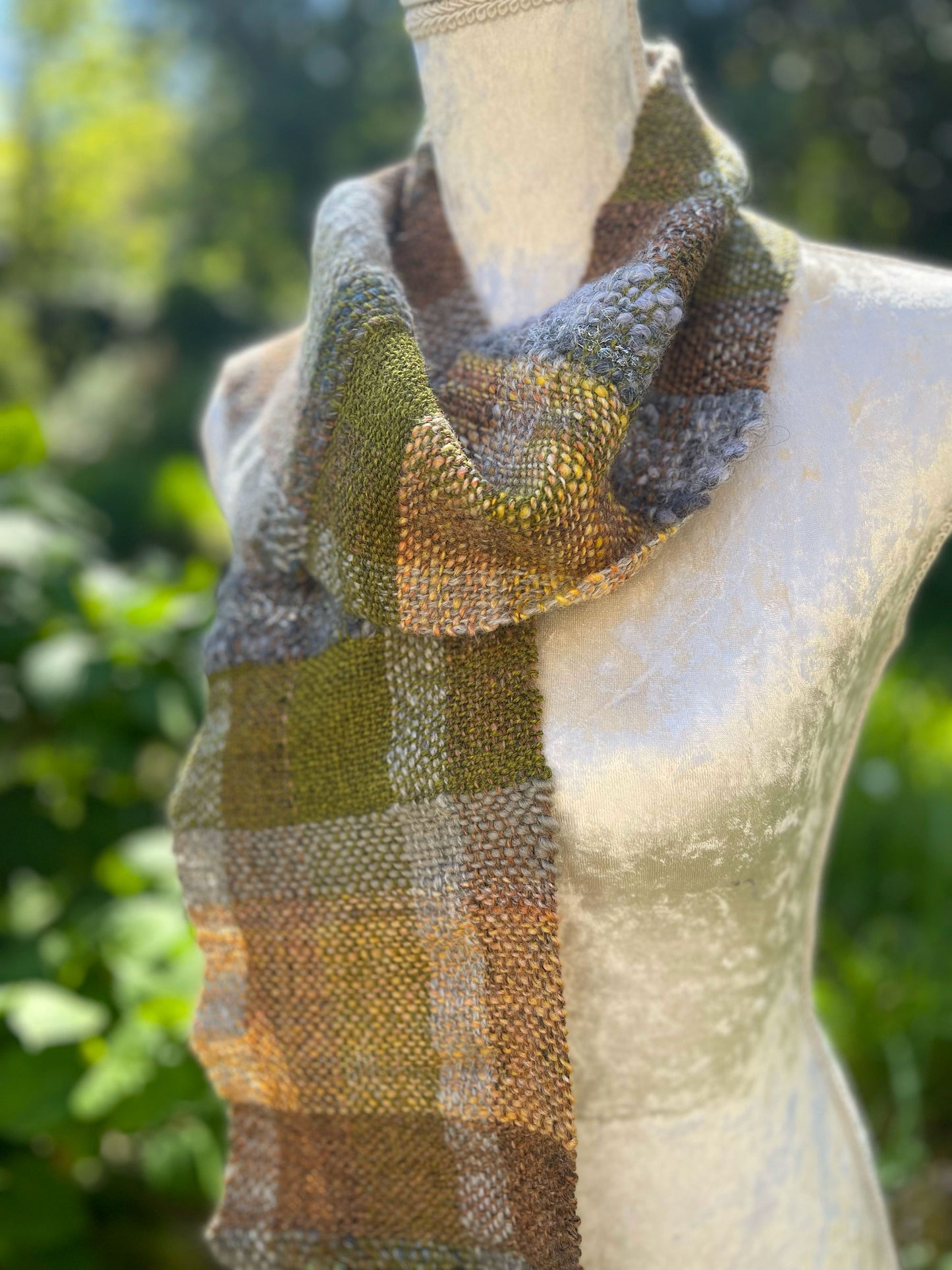 Hand woven wool scarf in handspun yarn by Penberth Yarns, made in Cornwall