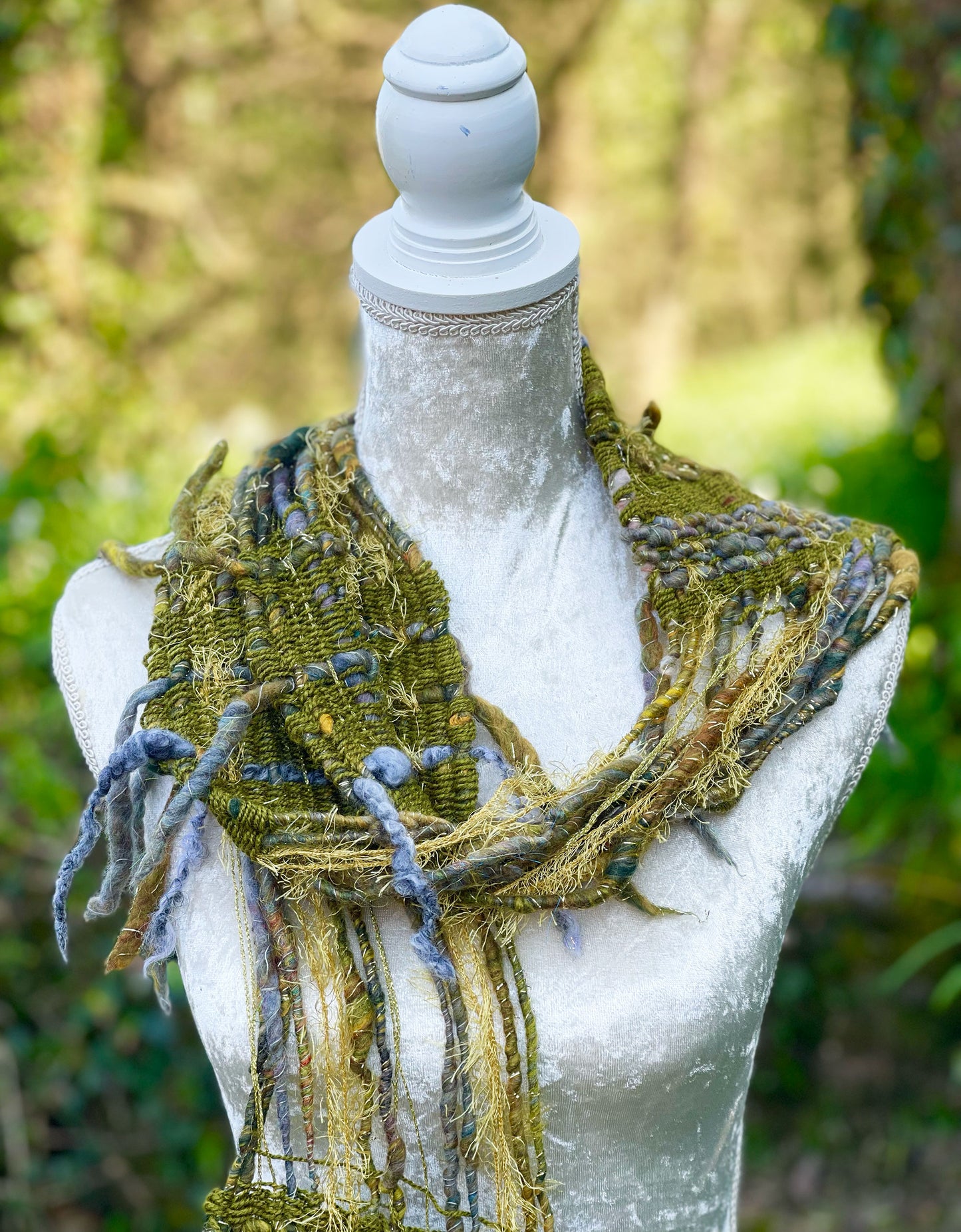 Wild wood hand woven art yarn scarf by Penberth Yarns, made in Cornwall
