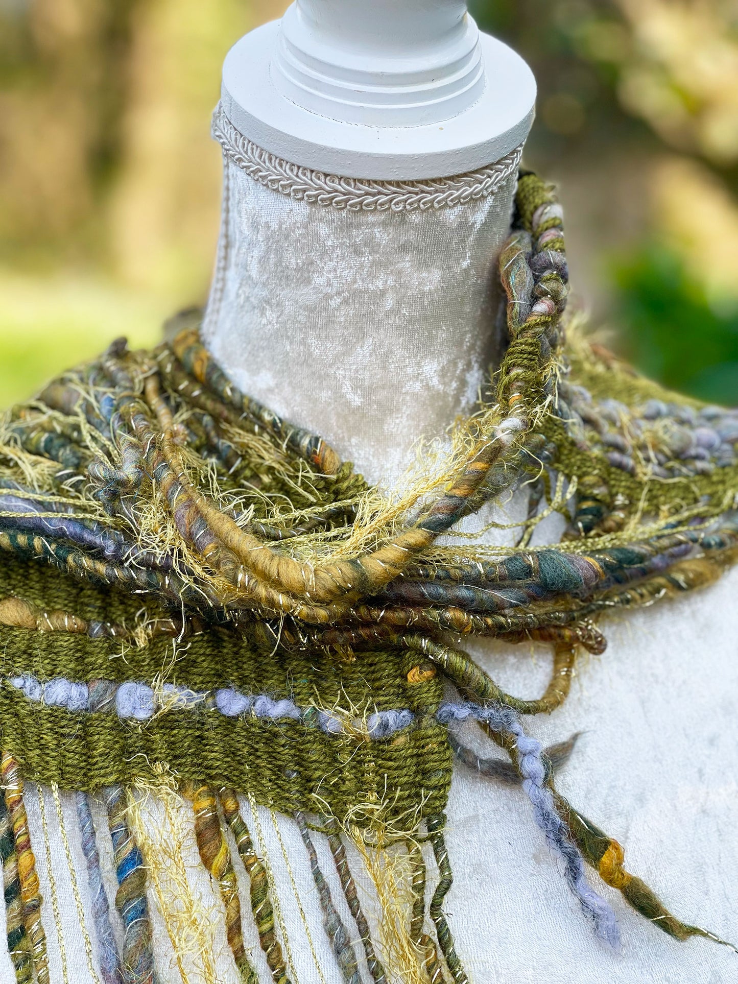Wild wood hand woven art yarn scarf by Penberth Yarns, made in Cornwall