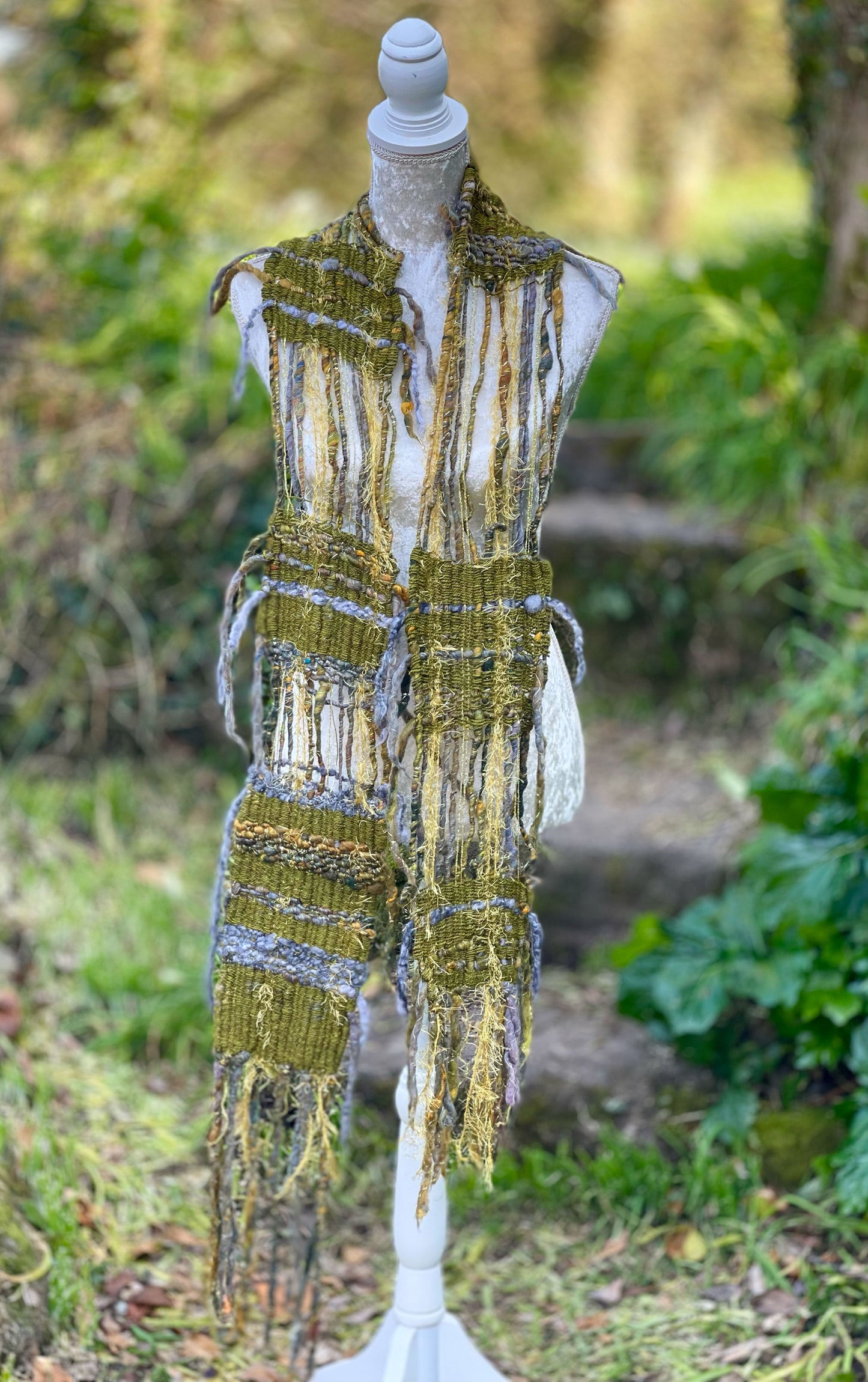 Wild wood hand woven art yarn scarf by Penberth Yarns, made in Cornwall