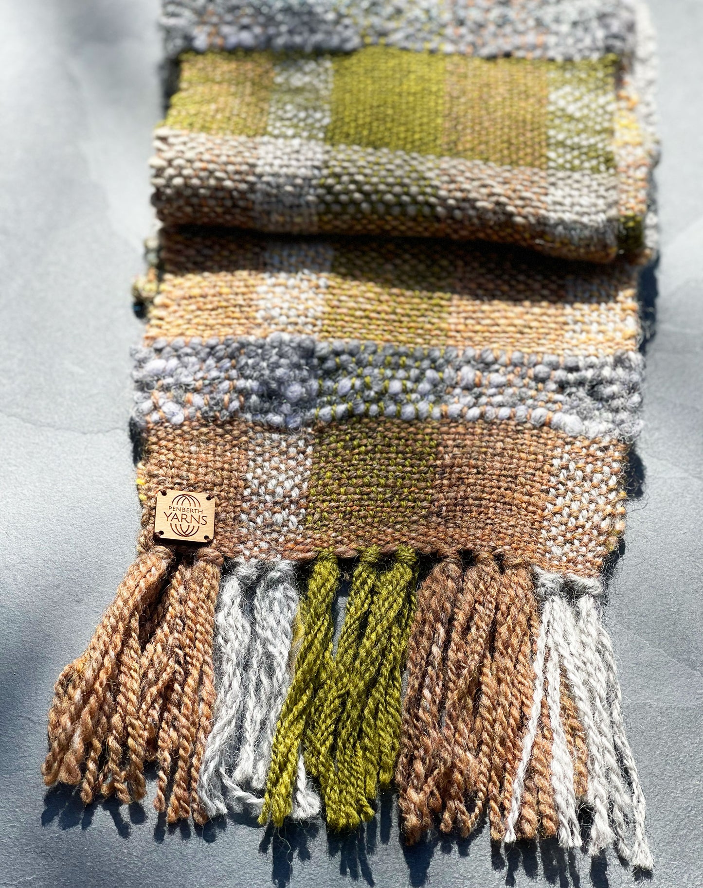 Hand woven wool scarf in handspun yarn by Penberth Yarns, made in Cornwall