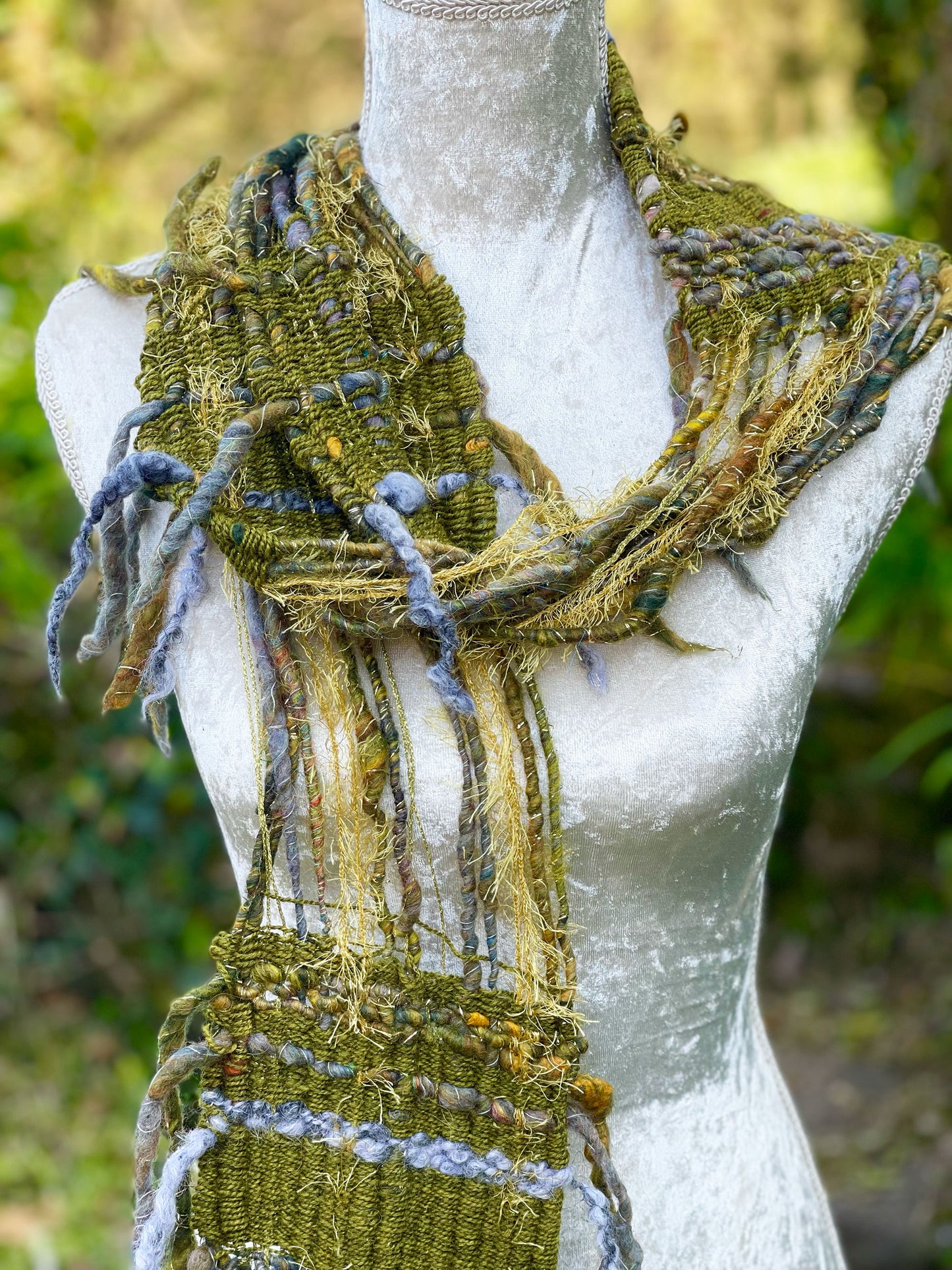 Wild wood hand woven art yarn scarf by Penberth Yarns, made in Cornwall
