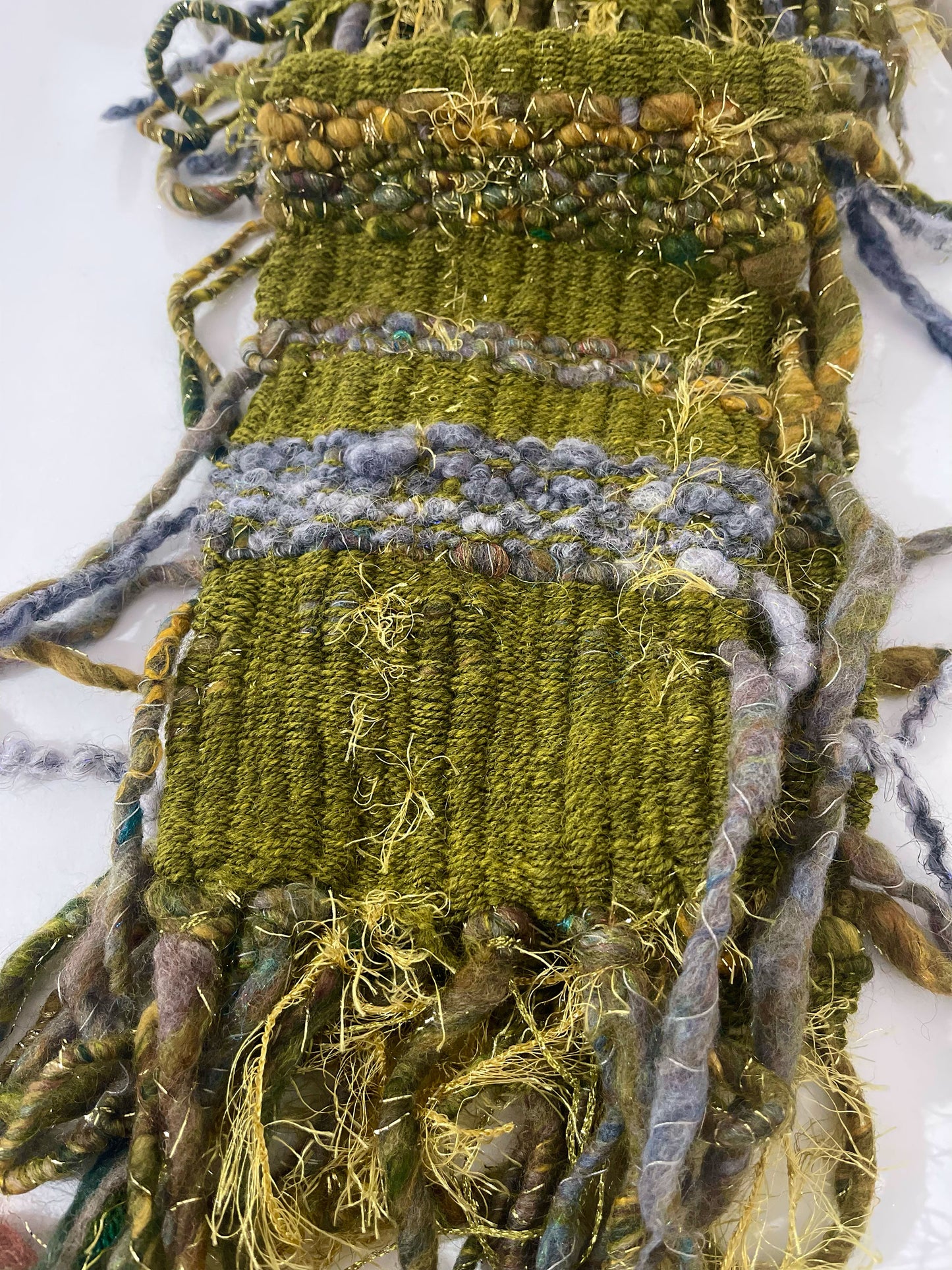 Wild wood hand woven art yarn scarf by Penberth Yarns, made in Cornwall