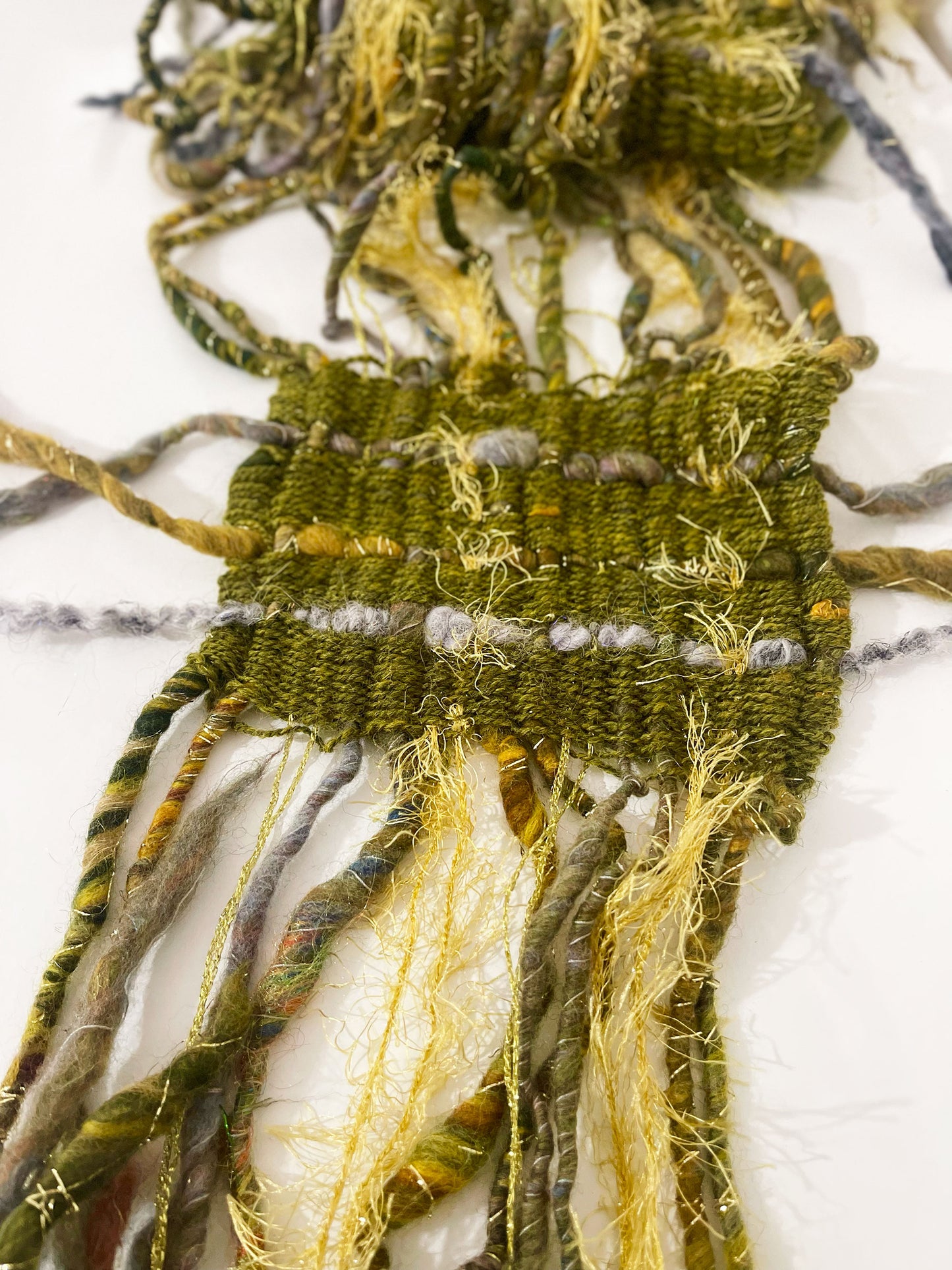Wild wood hand woven art yarn scarf by Penberth Yarns, made in Cornwall