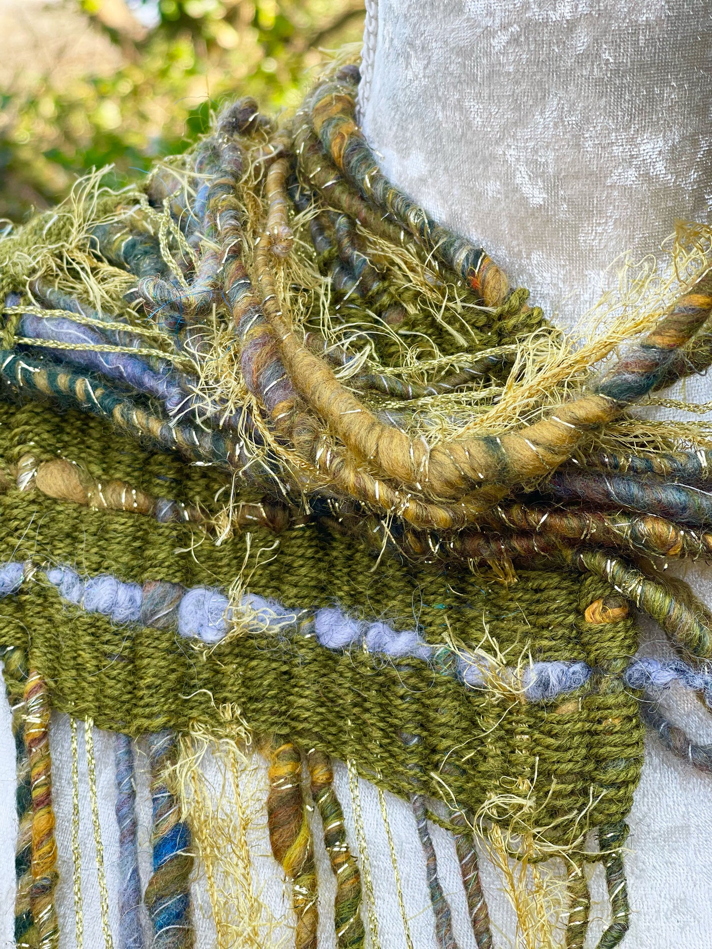 Wild wood hand woven art yarn scarf by Penberth Yarns, made in Cornwall
