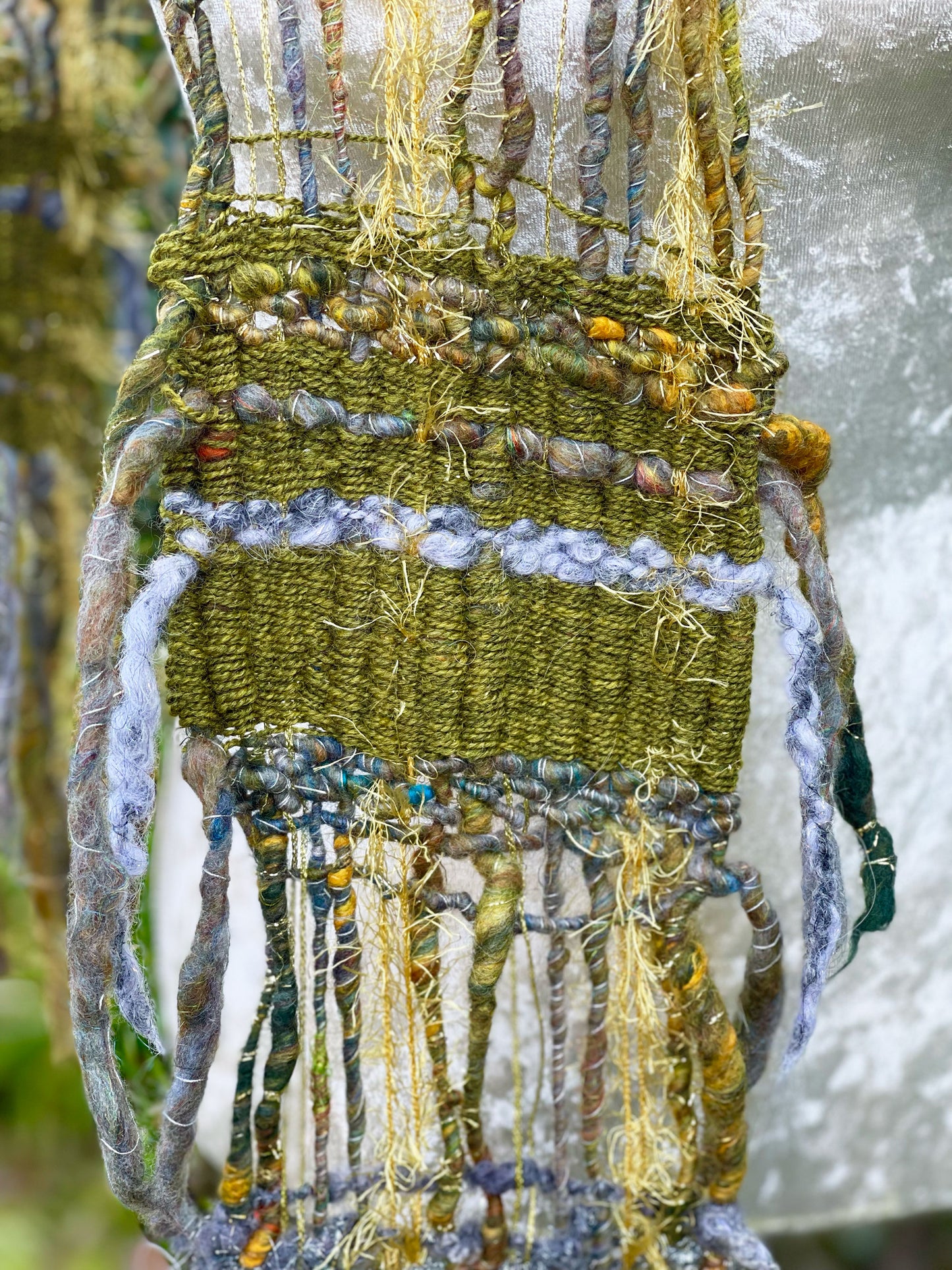 Wild wood hand woven art yarn scarf by Penberth Yarns, made in Cornwall