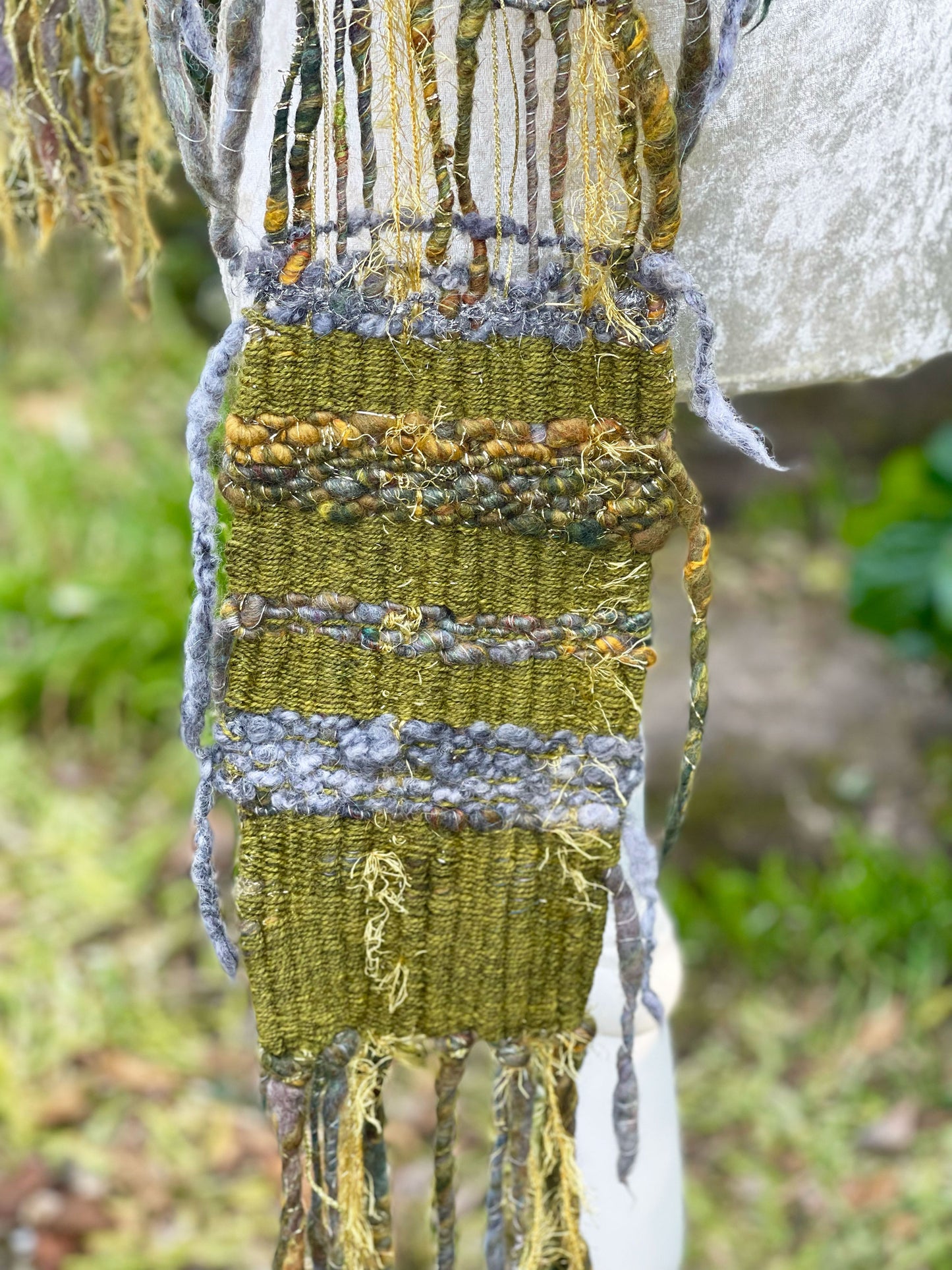 Wild wood hand woven art yarn scarf by Penberth Yarns, made in Cornwall