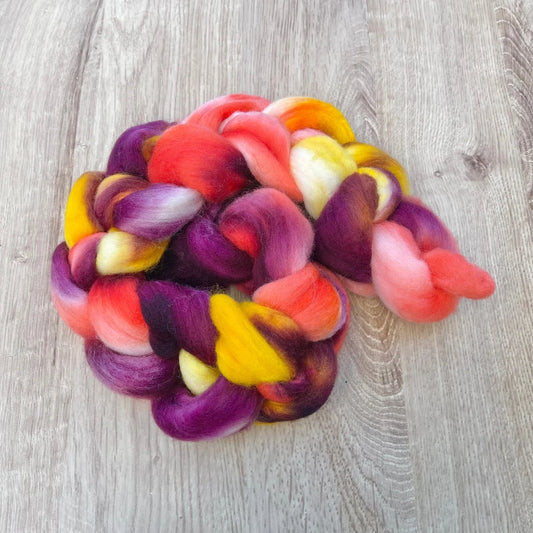 Crimson Sunrise, Hand Painted Polwarth Wool Spinning Fibre, 100g