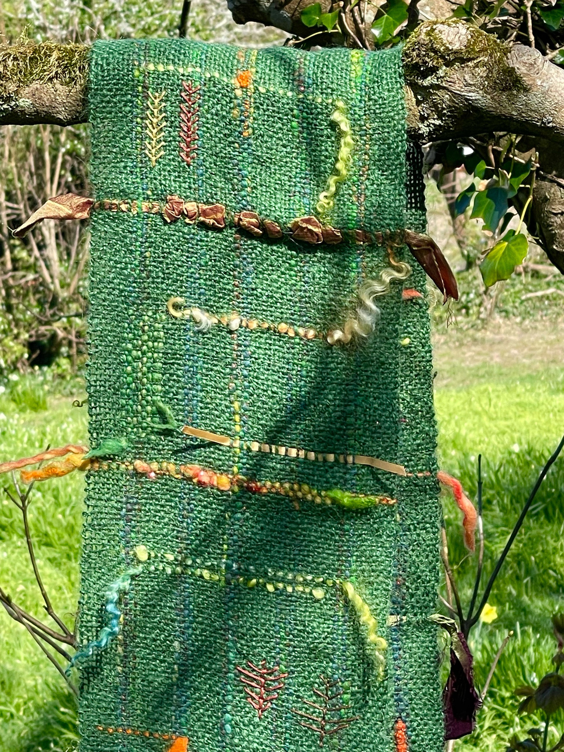 Hand woven alpaca, wool and silk table runner with hand embroidery by Penberth Yarns. Made in Cornwall