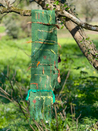 Hand woven alpaca, wool and silk table runner with hand embroidery by Penberth Yarns. Made in Cornwall
