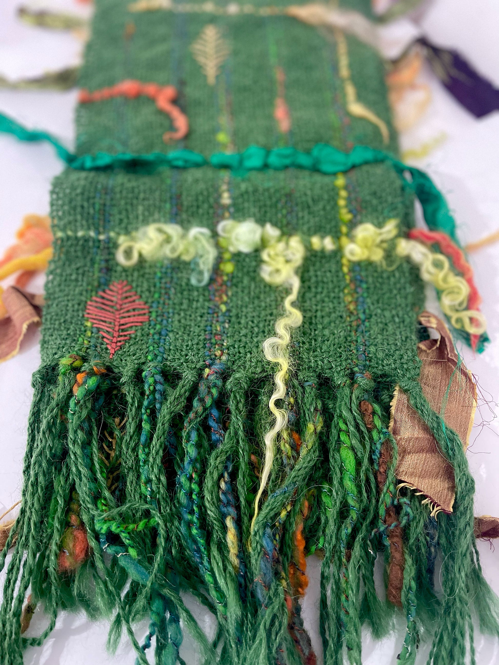 Hand woven alpaca, wool and silk table runner with hand embroidery by Penberth Yarns. Made in Cornwall