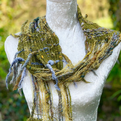 Wild wood hand woven art yarn scarf by Penberth Yarns, made in Cornwall