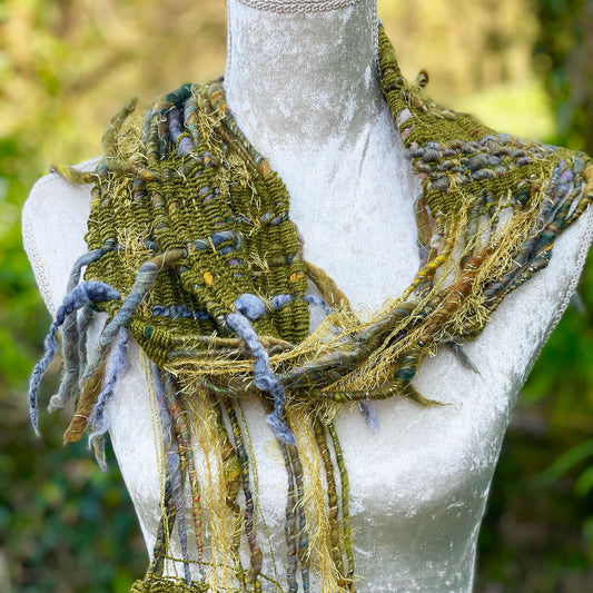 Wild wood hand woven art yarn scarf by Penberth Yarns, made in Cornwall