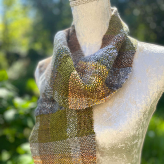 Hand woven wool scarf in handspun yarn by Penberth Yarns, made in Cornwall