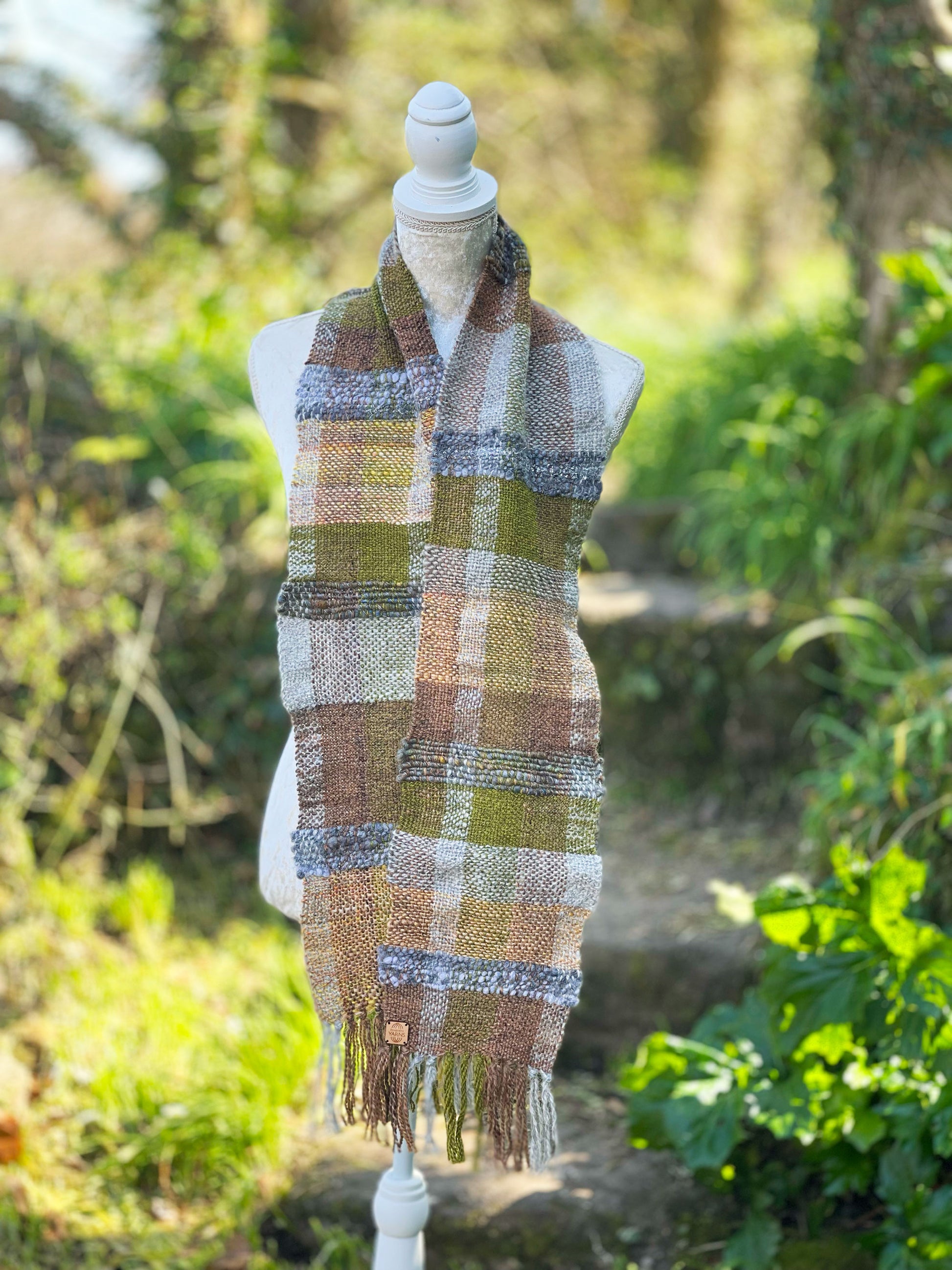 Hand woven wool scarf in handspun yarn by Penberth Yarns, made in Cornwall