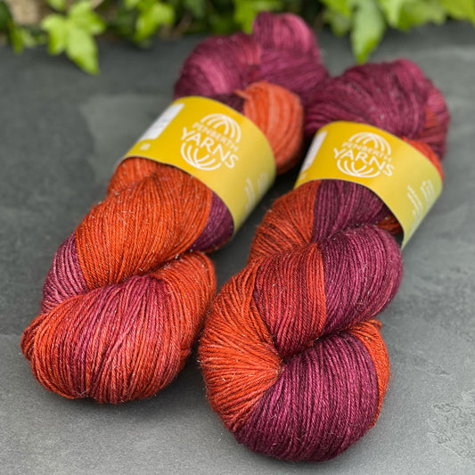 Queenie, Hand Dyed Superwash Merino Wool, Tussah Silk and Silver Stellina 4 PLY