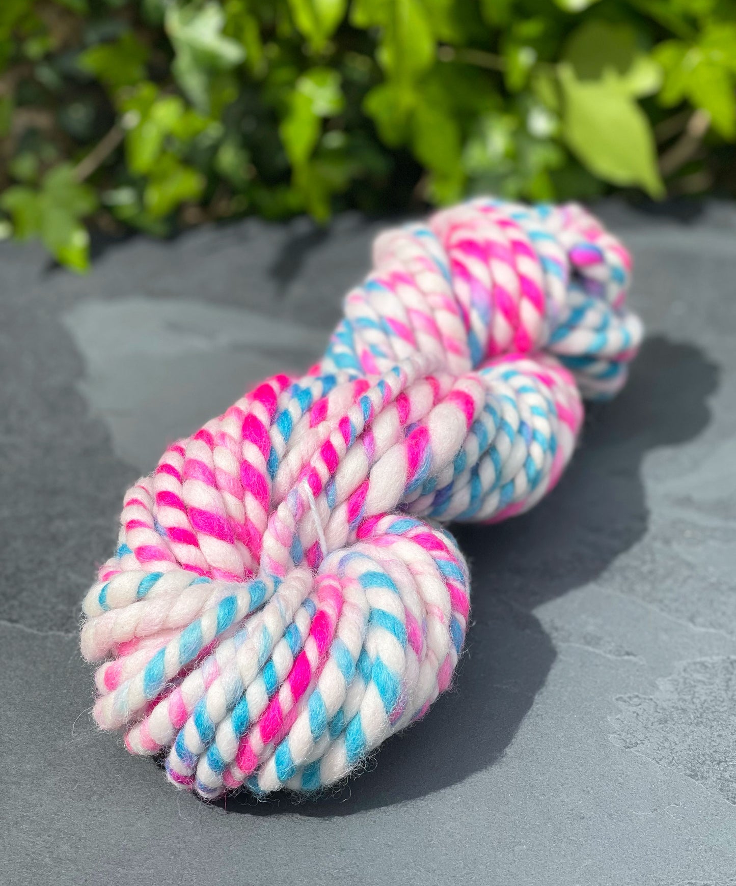 Handspun Super Bulky Pink and Blue Striped Yarn OOAK