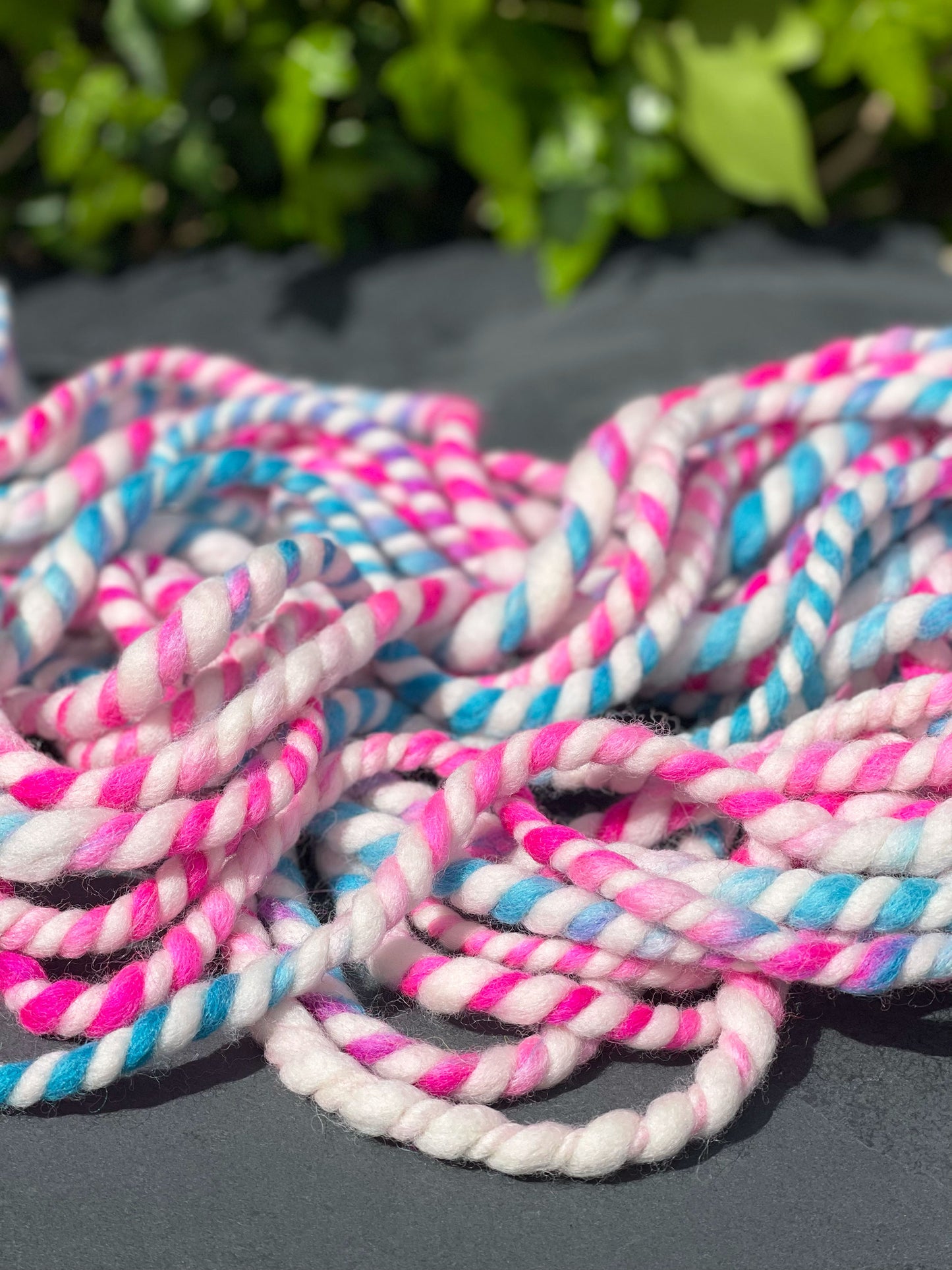 Handspun Super Bulky Pink and Blue Striped Yarn OOAK