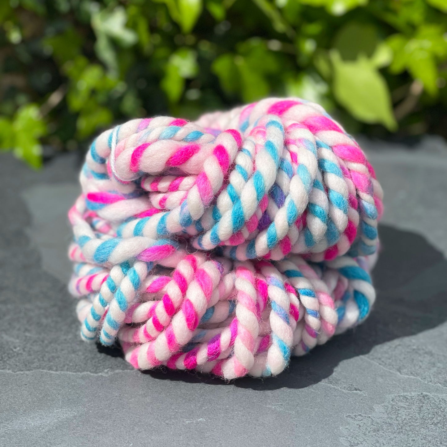 Handspun Super Bulky Pink and Blue Striped Yarn OOAK