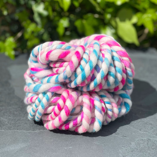 Handspun Super Bulky Pink and Blue Striped Yarn OOAK