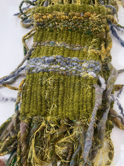 Wild wood hand woven art yarn scarf by Penberth Yarns, made in Cornwall