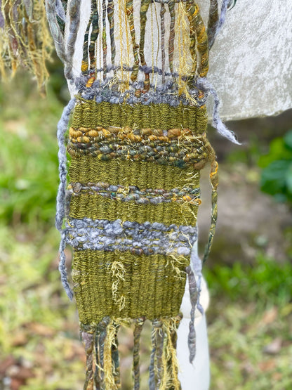 Wild wood hand woven art yarn scarf by Penberth Yarns, made in Cornwall